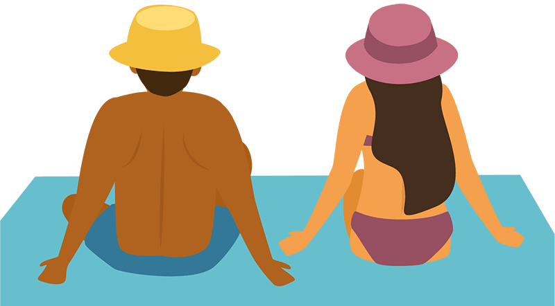 Man and woman sitting on the beach on a blanket 